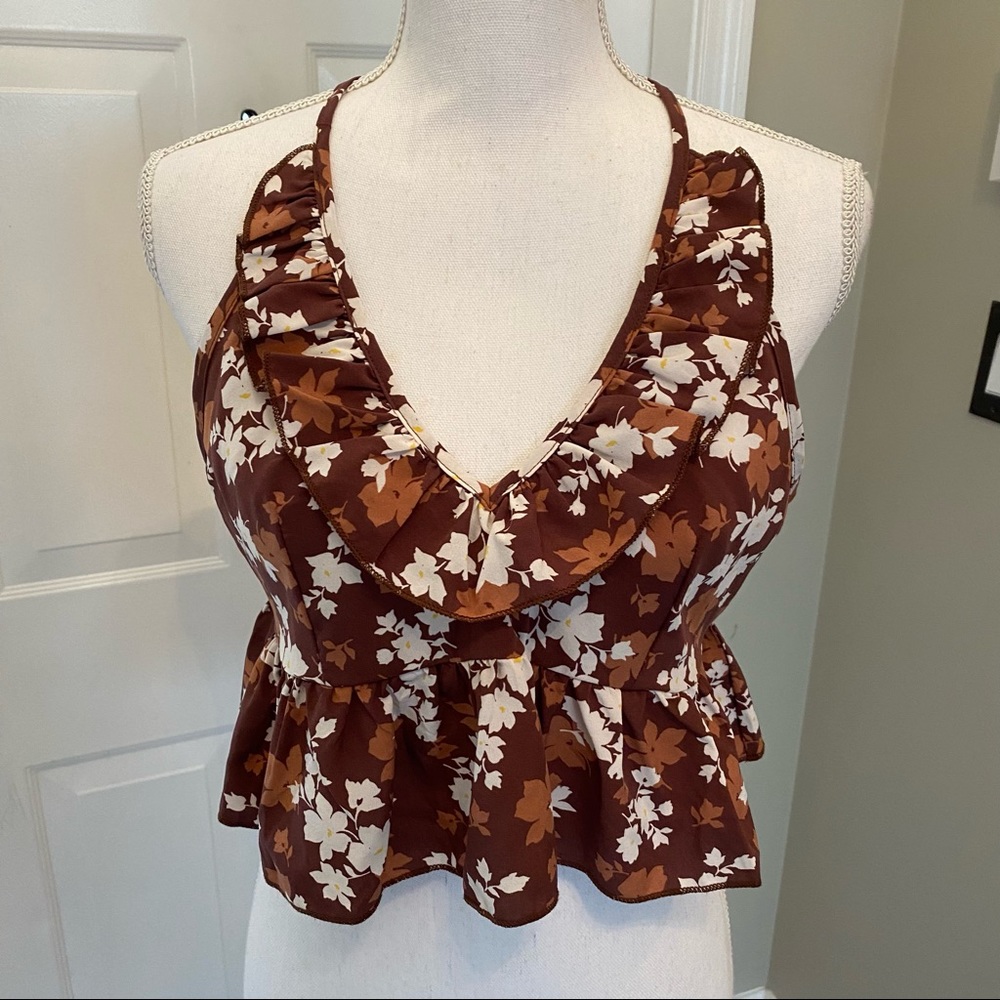 SHEIN floral halter crop top with ruffles